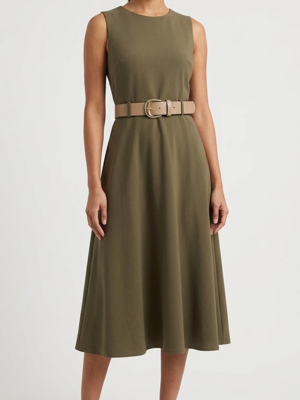 Sleeveless Olive Green Midi Dress with Belt